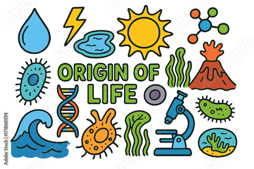 Life's Origin Doodle. Colorful Hand-drawn doodle Children illustration Origin of life water droplet, single-cell organism,