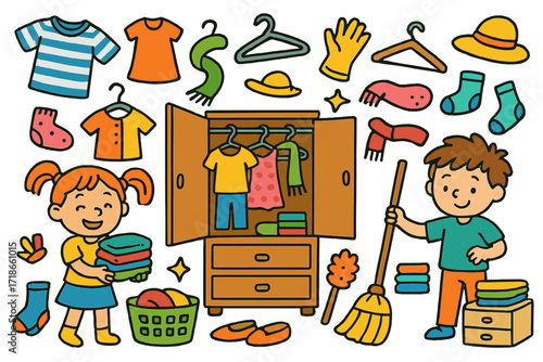 Children's Closet Cleanup. Colorful Hand-drawn doodle Children illustration Closet cleaning day [wardrobe, hangers, shirts, dresses, pants, shoes, socks,