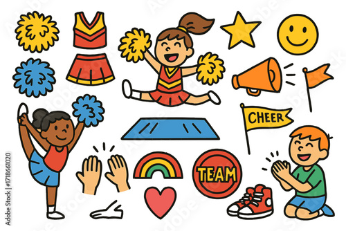Cheerleading Doodle Icons. Colorful Hand-drawn doodle Children illustration Cheerleading practice sessions pom-poms, cheer outfit, megaphone, star, smiley