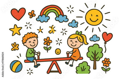 Playground Doodle Happiness. Colorful Hand-drawn doodle Children illustration Playground Happiness [seesaw, child, balloon, heart, star, rainbow, spark,