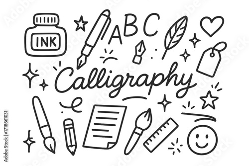 Calligraphy Doodle Icons. Hand-drawn doodle illustration Calligraphy and lettering [ink bottle, fountain pen, nib, brush, alphabet