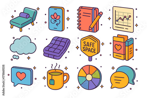 Anxiety Therapy Icons. Colorful isometric vector icons set of therapy for anxiety: therapist couch, calming breathing app, journal