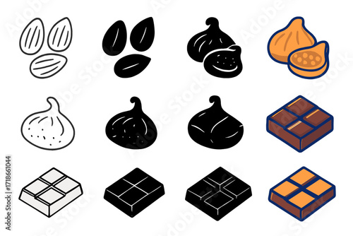 Meditation Snack Icons. Icon Set of Meditation Snacks: Almonds, Dried figs, Dark chocolate. Icons set in vector style, emblematic variations. Almonds line,