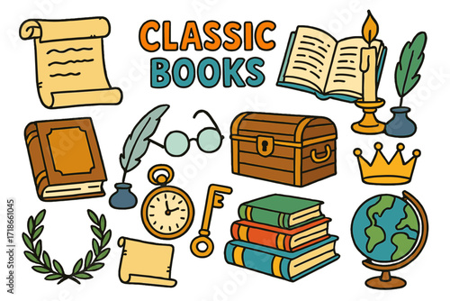 Classic Books Icons. Classic Books. Colorful Hand-drawn doodle Children illustration Classic Books ancient scroll, open novel, leather-bound book, candle,