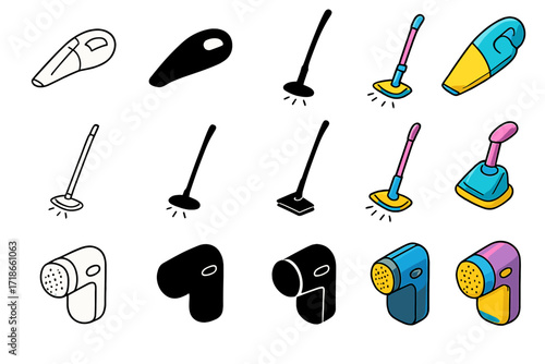 Cleaning Device Icons. Icon Set of Portable Cleaning Devices: Handheld vacuum, Steam mop, Fabric shaver. Icons set in vector style, emblematic variations.
