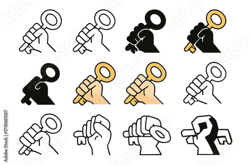 Vintage Key Logos. Set Logo of Handheld House Keys: hand clutching large vintage key. Logo set in vector style, emblematic variations. line, bold thick line,