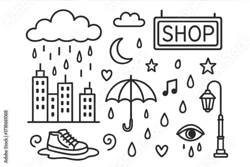Neon City Doodle. Hand-drawn doodle illustration City neon rain skyline, neon shop sign, umbrella, cloud, dripping water, heart, music note, star, moon,