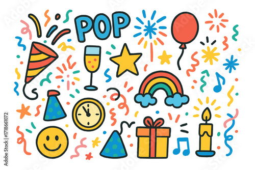 Festive New Year's Celebration. Colorful Hand-drawn doodle Children illustration New Year?s Eve Pop [party popper, firework, balloon, champagne glass, star,