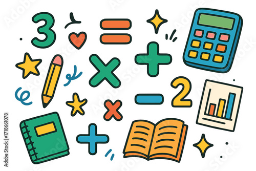 Math Symbols Doodle. Equations. Colorful Hand-drawn doodle Children illustration equal sign, division sign, multiplication sign, minus sign, plus sign,
