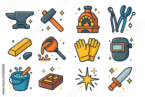 Isometric Metalworking Icons. Colorful isometric vector icons set of metalworking and smithing: anvil, hammer, forge, tongs, metal bar, molten metal pot,
