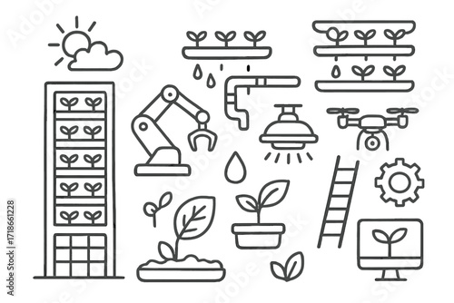 Vertical Farming Icons. Hand-drawn doodle illustration vertical farming skyscraper, stacked plants, water pipes, LED lamp, robotic arm, seedling, droplet,