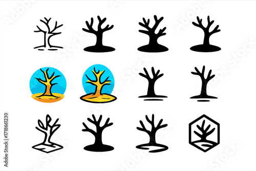 Barren Tree Logo Collection. Set Logo of Barren Tree: Deserted Tree in Wasteland. Logo set in vector style, emblematic variations. line, bold thick line, solid