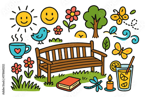 Garden Relaxation Scene. Colorful Hand-drawn doodle Children illustration Garden relaxation garden bench, flower, bird, tea cup, smiling face, sun, grass,