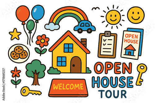 Whimsical Open House Doodles. Colorful Hand-drawn doodle Children illustration Open House Tour [house, welcome mat, balloons, cookies, clipboard, brochure,