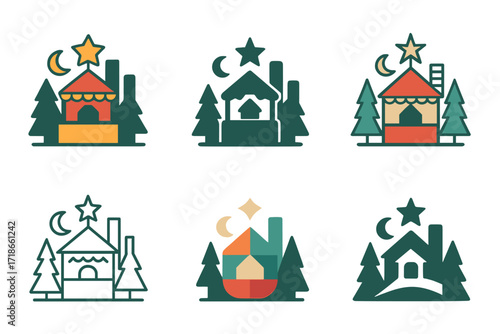Holiday Logo Variations. Holiday spirit in a bustling city center. Set Logo of Holiday spirit in a bustling city center: holiday market stalls. harmonious logo