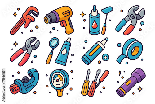 Colorful Isometric Tools. Colorful isometric vector icons set of tools for pipe inspection and repair: pipe wrench, heat gun,