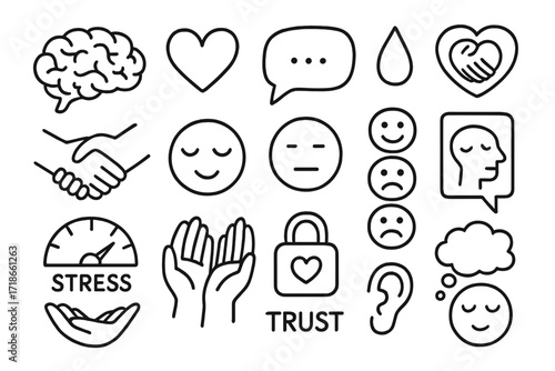 Emotional Intelligence Icons. Hand-drawn doodle illustration emotional intelligence brain icon, heart icon, dialogue bubble, empathy symbol,