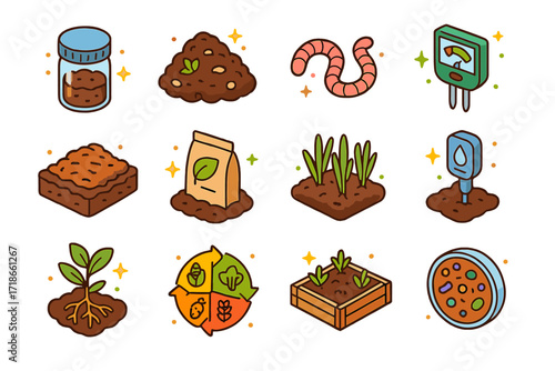 Soil Health Icons. Soil health. Colorful isometric vector icons set of soil health: soil sample jar, compost pile, earthworm, soil