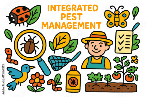 Integrated Pest Management. Colorful Hand-drawn doodle Children illustration Integrated pest management magnifying glass, bug, ladybug, leaf, smiling farmer,