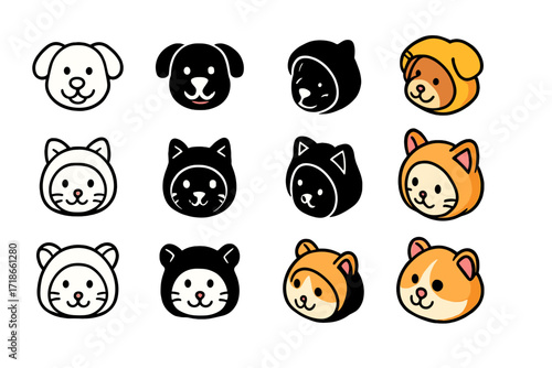 Pet Costume Icons. Icon Set of Pet costumes: puppy costume, kitten costume, hamster costume. Icons set in vector style, emblematic variations. Puppy costume