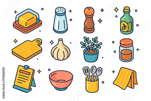 Colorful Kitchen Icons. Colorful isometric vector icons set of kitchen countertop items: butter dish, salt shaker, pepper grinder, olive oil bottle, cutting