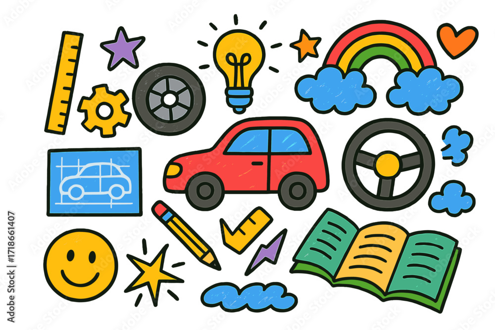 Fototapeta premium Automotive Doodle Icons. Colorful Hand-drawn doodle Children illustration Automotive Design [car, wheel, gear, pencil, blueprint, ruler, spark, star, rainbow,