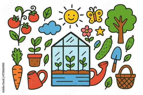 Garden Doodle Fun. Colorful Hand-drawn doodle Children illustration greenhouse gardening greenhouse, tomato vine, cucumber, carrot, watering can, flower, sun,
