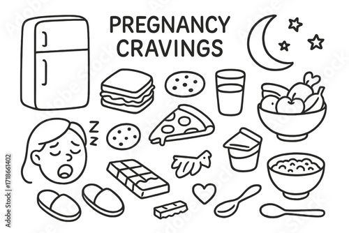Pregnancy Cravings Icons. Hand-drawn doodle illustration Pregnancy cravings midnight snacks [fridge, sandwich, cookie, chocolate bar, milk glass, pizza slice,