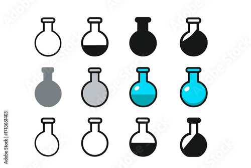Colorful Flask Logos. Set Logo of Flasks: Round-bottom boiling flask. Logo set in vector style, emblematic variations. line, bold thick line, solid black