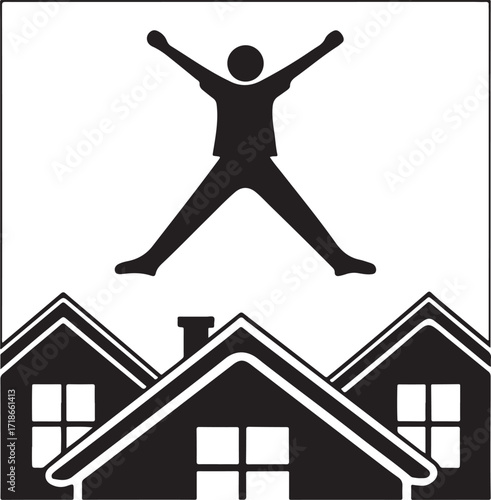 Silhouette of Person Jumping Above Houses roofs