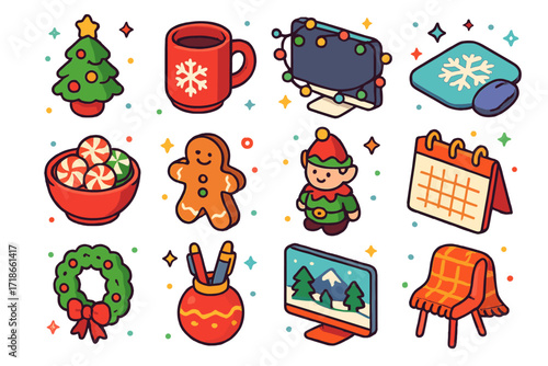 Holiday Office Icons. Colorful isometric vector icons set of holiday office desk decorations: mini Christmas tree, holiday mug, string lights around monitor,