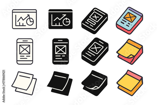 Startup Tools Icon Set. Icon Set of Startup Tools: Pitch deck slides, Mobile app prototype, Sticky notes. Icons set in vector style, emblematic variations.