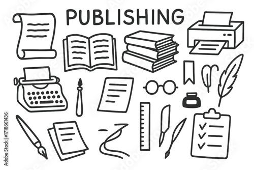 Publishing Tools Doodles. Publishing. Hand-drawn doodle illustration open book, stack of books, printer, typewriter, scroll, ink