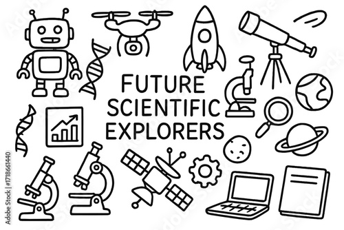 Future Science Doodles. Hand-drawn doodle illustration Future scientific explorers [robot, drone, rocket, telescope, microscope, DNA strand, globe, chart,