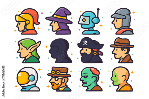 Isometric Character Icons. Colorful isometric vector icons set of character side profiles: warrior profile, mage profile, robot side view, knight profile, elf