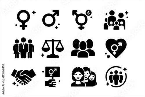 Gender Equality Icons. Gender Equality. Solid icons set of female symbol, male symbol, gender-neutral symbol, equal pay, diverse workplace, balance scale,