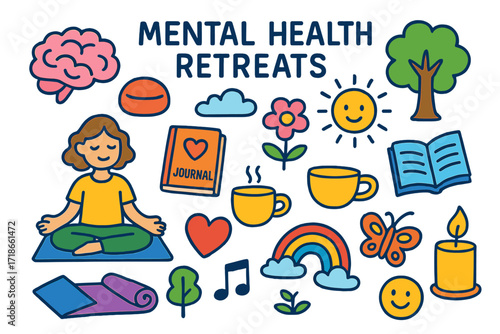 Children's Wellness Retreat Icons. Colorful Hand-drawn doodle Children illustration Mental health retreats [brain symbol,