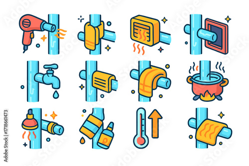Thawing Pipes Isometric Icons. Colorful isometric vector icons set of thawing frozen pipes: hair dryer on pipe, warm towel wrap, space heater, open pipe access