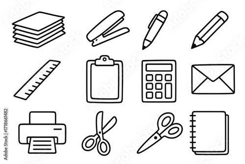 Office Supplies Doodles. Office Supplies. Hand-drawn doodle illustration catalog, paper stack, stapler, pen, pencil, ruler, calculator, clipboard, envelope,