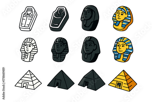 Royal Tomb Icons. Icon Set of Royal tombs: stone sarcophagus, burial mask, pyramid entrance. Icons set in vector style, emblematic variations. Stone
