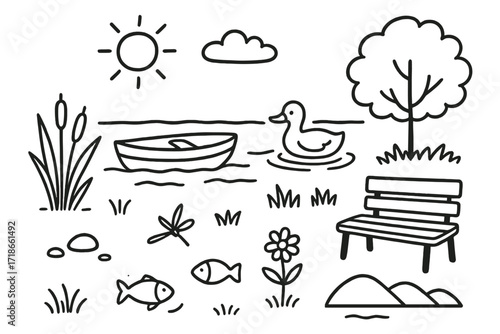 Lakeside Doodle Art. Hand-drawn doodle illustration [Calm lakeside view] [lake, rowboat, reeds, duck, sun, cloud, pebble, tree, water ripple, bench, fish,
