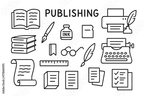 Publishing Tools Doodle. Publishing. Hand-drawn doodle illustration open book, stack of books, printer, typewriter, scroll, ink pen, paper sheets, ruler,