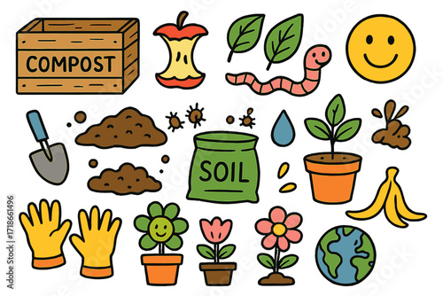 Compost Doodle Art. Colorful Hand-drawn doodle Children illustration Compost and soil compost bin, apple core, leaves, worms, happy face, shovel, dirt, bag of