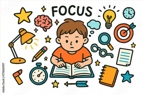 Study Essentials Doodle. Colorful Hand-drawn doodle Children illustration focus and concentration open book, pencil, desk lamp, stopwatch, brain with sparkles,