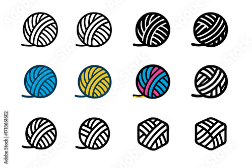 Yarn Logo Variations. Set Logo of Tangle: Ball of Yarn. Logo set in vector style, emblematic variations. line, bold thick line, solid black filled, solid black