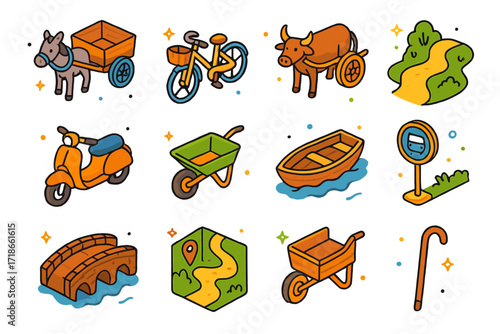 Village Transport Icons. Colorful isometric vector icons set of Village Transportation: donkey cart, bicycle with basket, ox cart, narrow path, motor scooter,