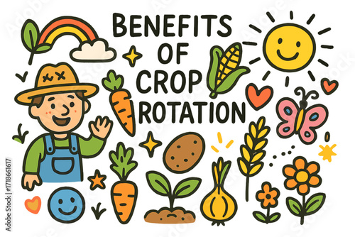 Crop Rotation Benefits. Colorful Hand-drawn doodle Children illustration Benefits of Crop Rotation [happy farmer, corn, carrot, potato, wheat, sprout, sun,