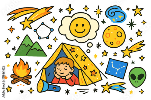 Stargazing Children's Adventure. Colorful Hand-drawn doodle Children illustration Dreaming under stars tent, stargazing child, comet, glowing moon,
