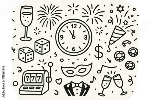 Casino Party Countdown. Hand-drawn doodle illustration Countdown at the casino party clock striking midnight, fireworks, champagne glass, party popper, dice,