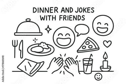 Dinner and Laughs. Hand-drawn doodle illustration Dinner and jokes with friends food tray, laughing face, open mouth, speech bubble, table, fork, napkin,
